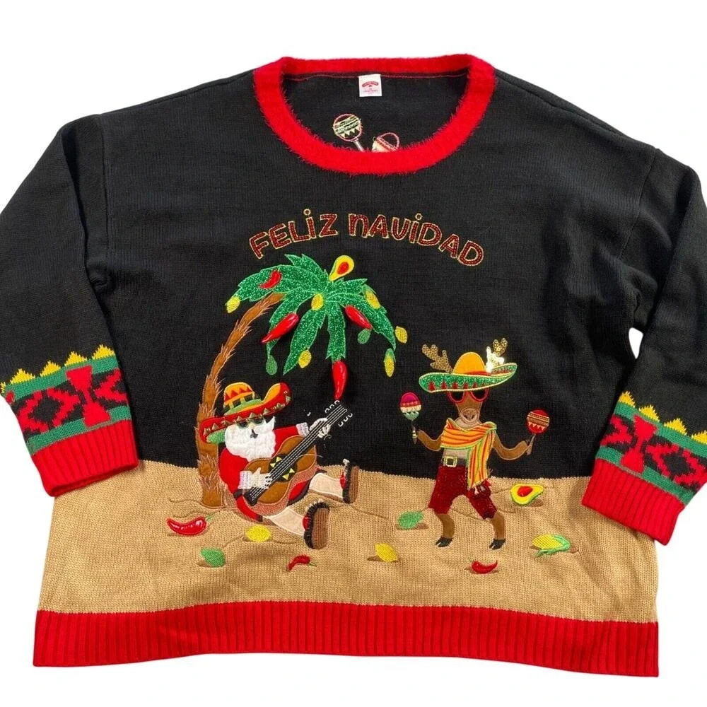 Feliz Navidad Ugly‎ Christmas Sweater 1X Embroidered Santa Reindeer Hot Peppers